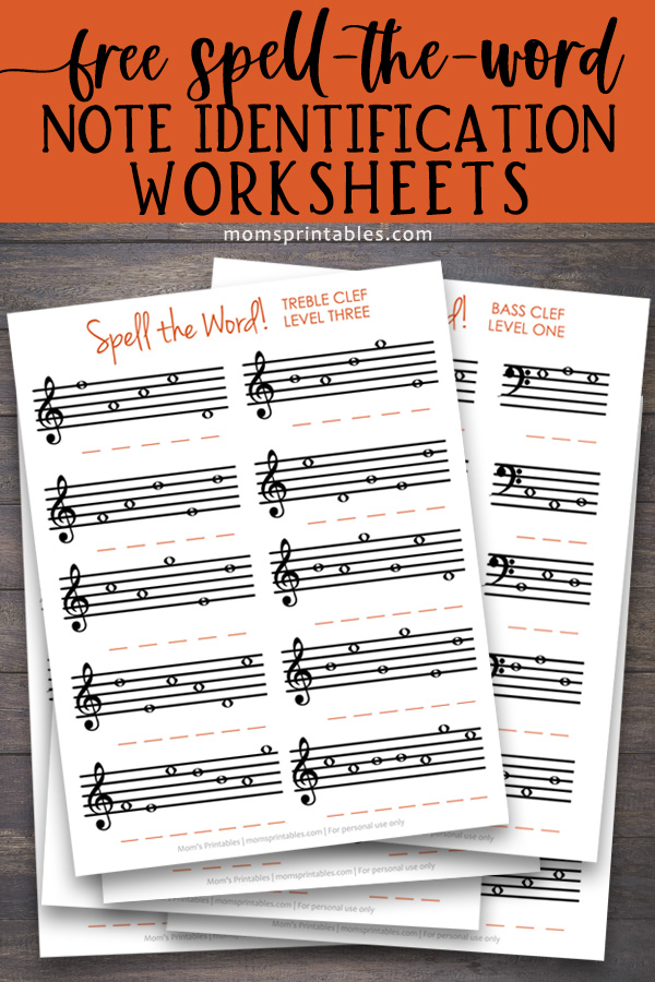 Free Note Identification Worksheet | Note Spelling worksheets | Note Naming Worksheets PDF | Spell a word note identification worksheets | Free PDF download for these note identification worksheets for piano on the MomsPrintables blog!