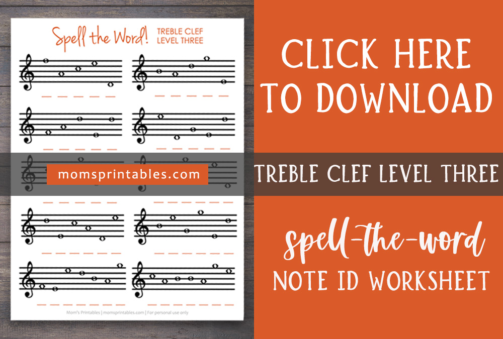 Free Note Identification Worksheet | Note Spelling worksheets | Note Naming Worksheets PDF | Spell a word note identification worksheets | Free PDF download for these note identification worksheets for piano on the MomsPrintables blog!