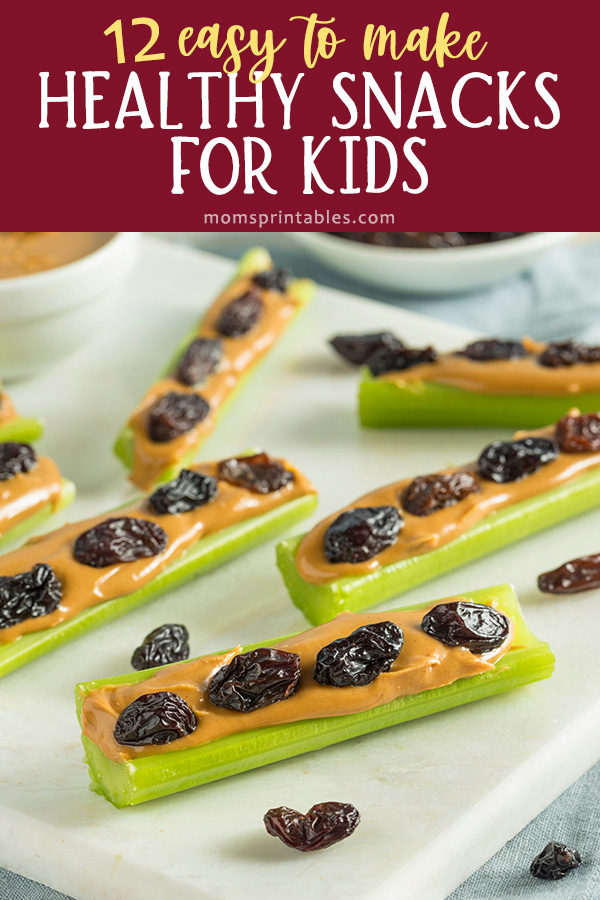 Healthy Snacks for kids to make | Healthy snacks for kids on the go | Healthy snacks for kids to take to school | 12 ideas for healthy snacks for kids that are easy to make! See them at MomsPrintables!