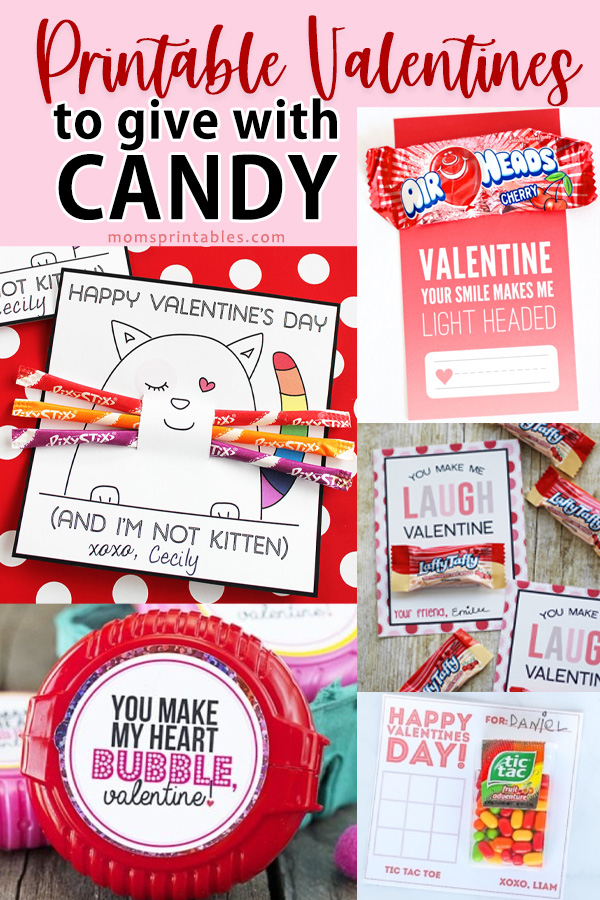 Printable Valentines to give with candy | valentines that you can put with candy | Valentine cards with candy | Candy valentines with free printable | 30 fun Valentine Candy ideas at Moms Printables!