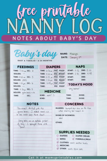 Printable Nanny Log | Notes about baby's day printable | free printable for nanny | nanny printable free | Printable Nanny Log for keeping track of baby's day is free to download at MomsPrintables!