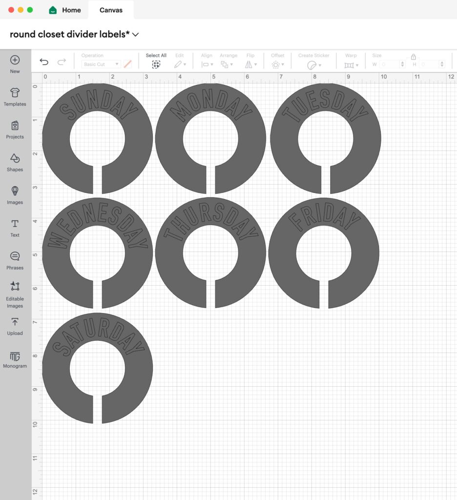 Round Closet Dividers made on a Cricut | Closet Dividers template for Cricut | Get the free SVG file for labels these round closet dividers at Moms Printables!