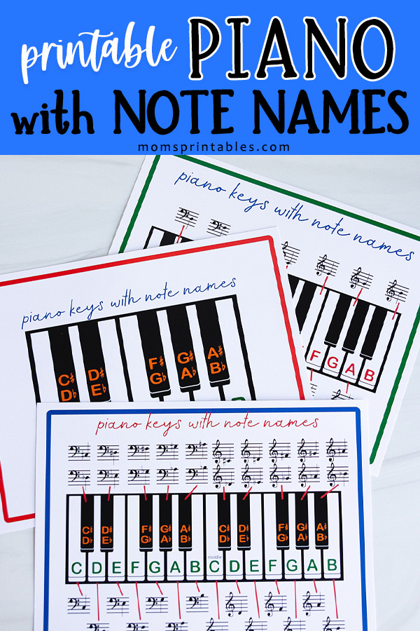 Printable Piano Keyboard with note names | Printable Piano with notes | Printable piano keyboard with notes | 3 PDF's on Moms Printables in 3 difficulty levels!