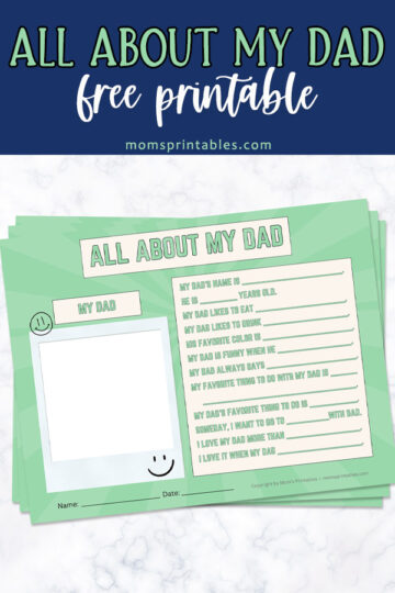FREE All About My Dad printable | About My Dad questionnaire | All About My Dad Preschool Worksheet | Free Printable All About Dad Questionnaire | FREE PRINTABLE on the Moms Printables website!