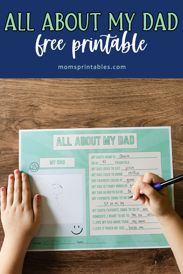 FREE All About My Dad printable | About My Dad questionnaire | All About My Dad Preschool Worksheet | Free Printable All About Dad Questionnaire | FREE PRINTABLE on the Moms Printables website!