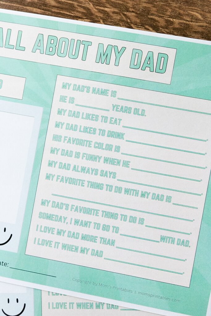  FREE All About My Dad printable | About My Dad questionnaire | All About My Dad Preschool Worksheet | Free Printable All About Dad Questionnaire | FREE PRINTABLE on the Moms Printables website!