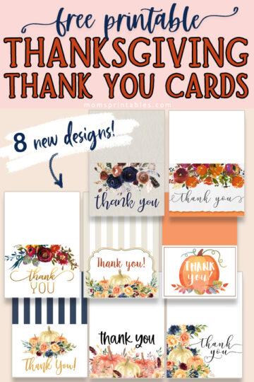 Free Printable Thanksgiving Thank You Cards for Family Members | thanksgiving thank you cards free printable in 8 different designs | Download the PDF files at Moms Printables!